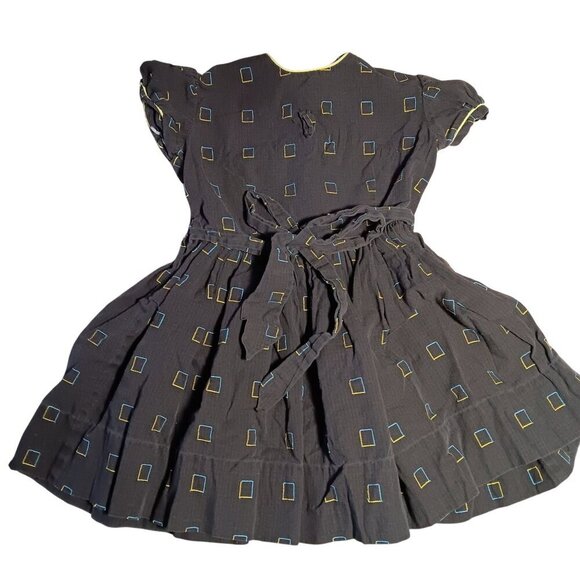 Vintage Girls 4 1950's Atomic Dress Black Geometric Print Belted Waist Cotton - Picture 1 of 5